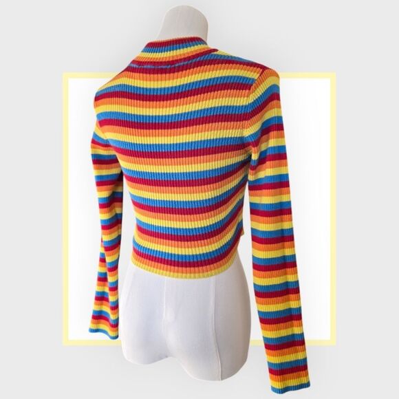 Minga London Rainbow Mock Neck Striped Ribbed Cropped Sweater - Picture 5 of 8